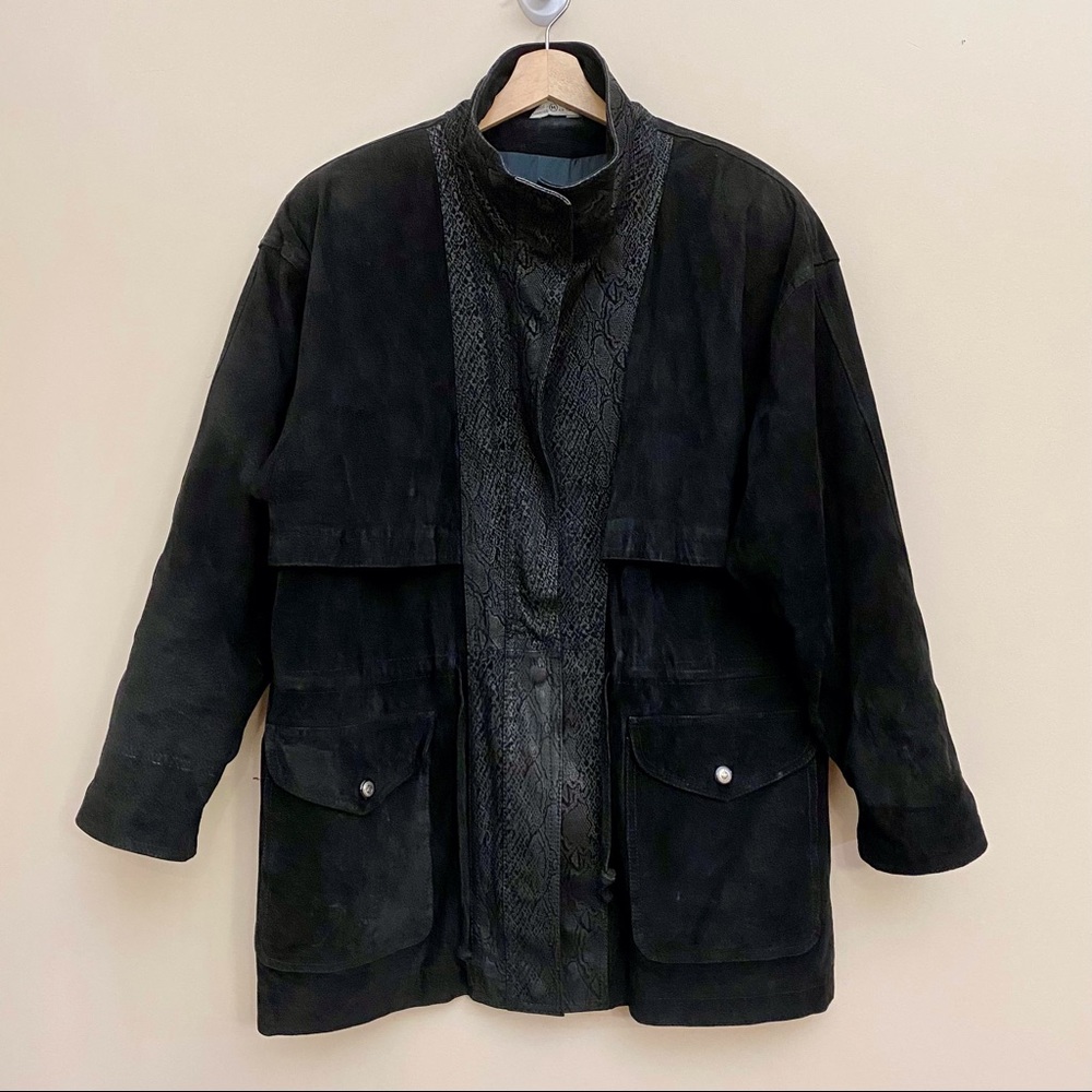PARIS SPORTS CLUB Vintage Black Suede Leather/Snakeskin Winter Coat Medium